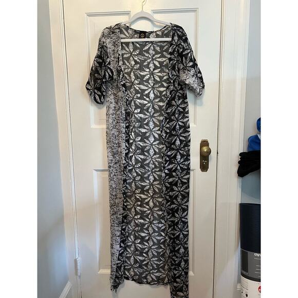 Eldior Sodeok Design Duster Kimono Women's OS Black White Floral Print Long Line - Picture 1 of 15